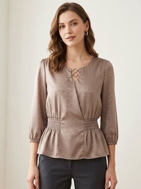 AUW Geometric Textured Peplum Blouse, Women’s M, Mauve